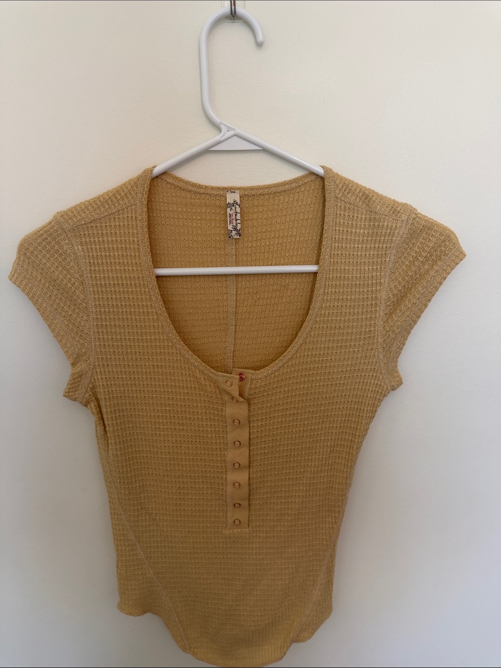 Free People Short Sleeve Waffle Henley Tee - Mustard